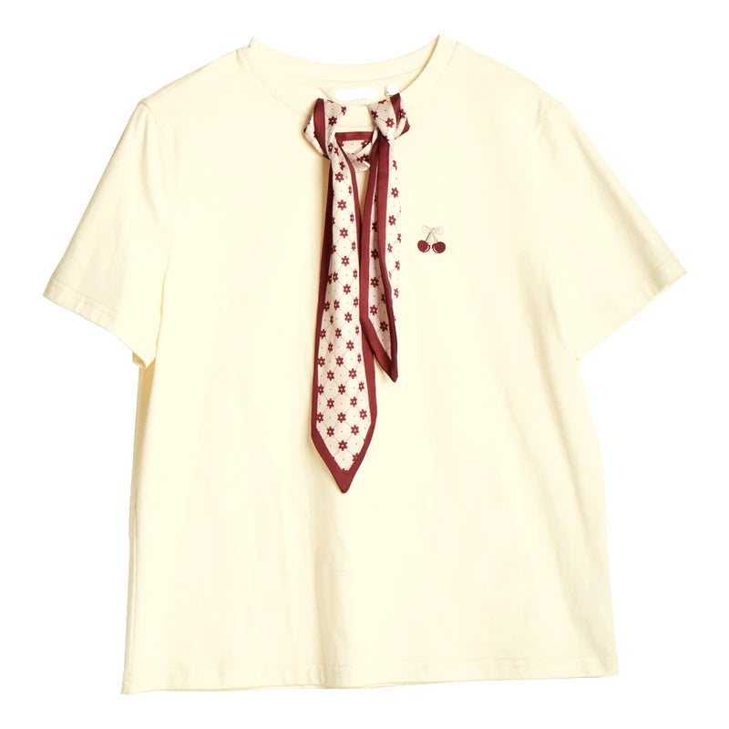 T-Shirt With Embroidered Scarf At The Neckline